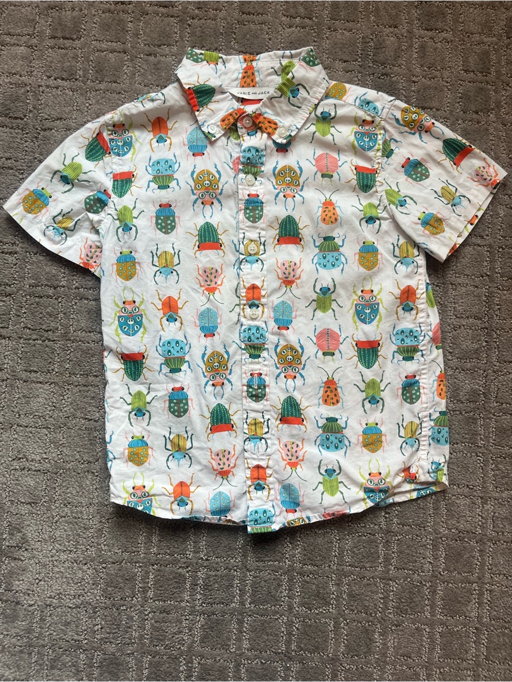 Janie & Jack White Kids Short-Sleeve Button-Up Shirt with Colorful Bug Print